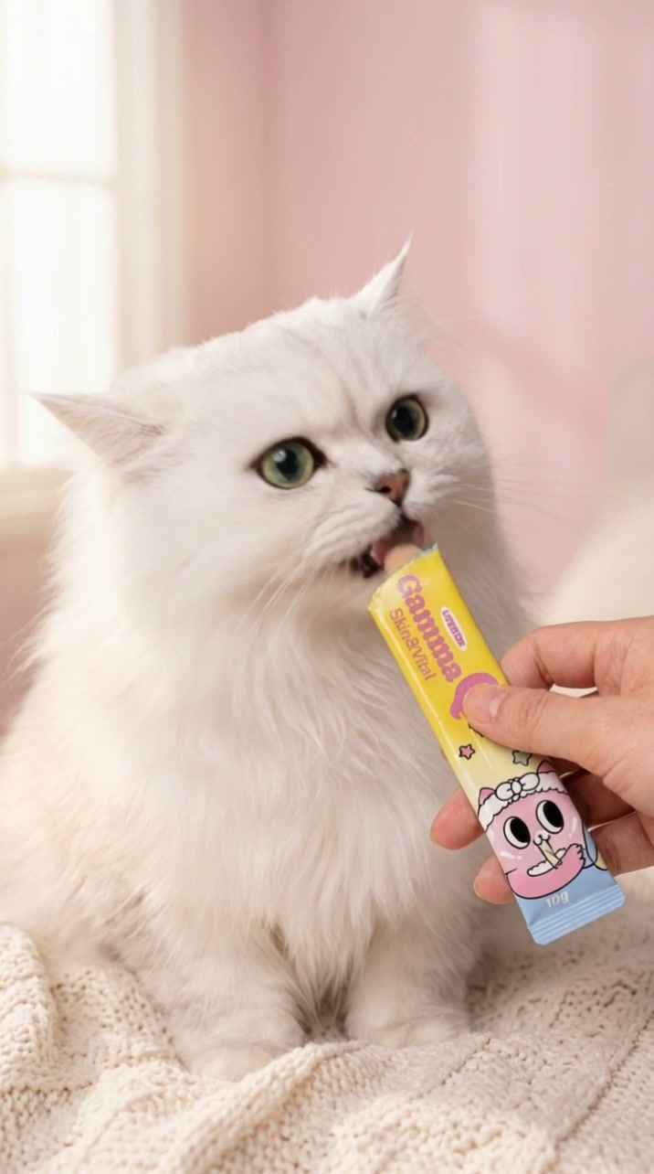 스틱 영양제를 핥아 먹는 고양이